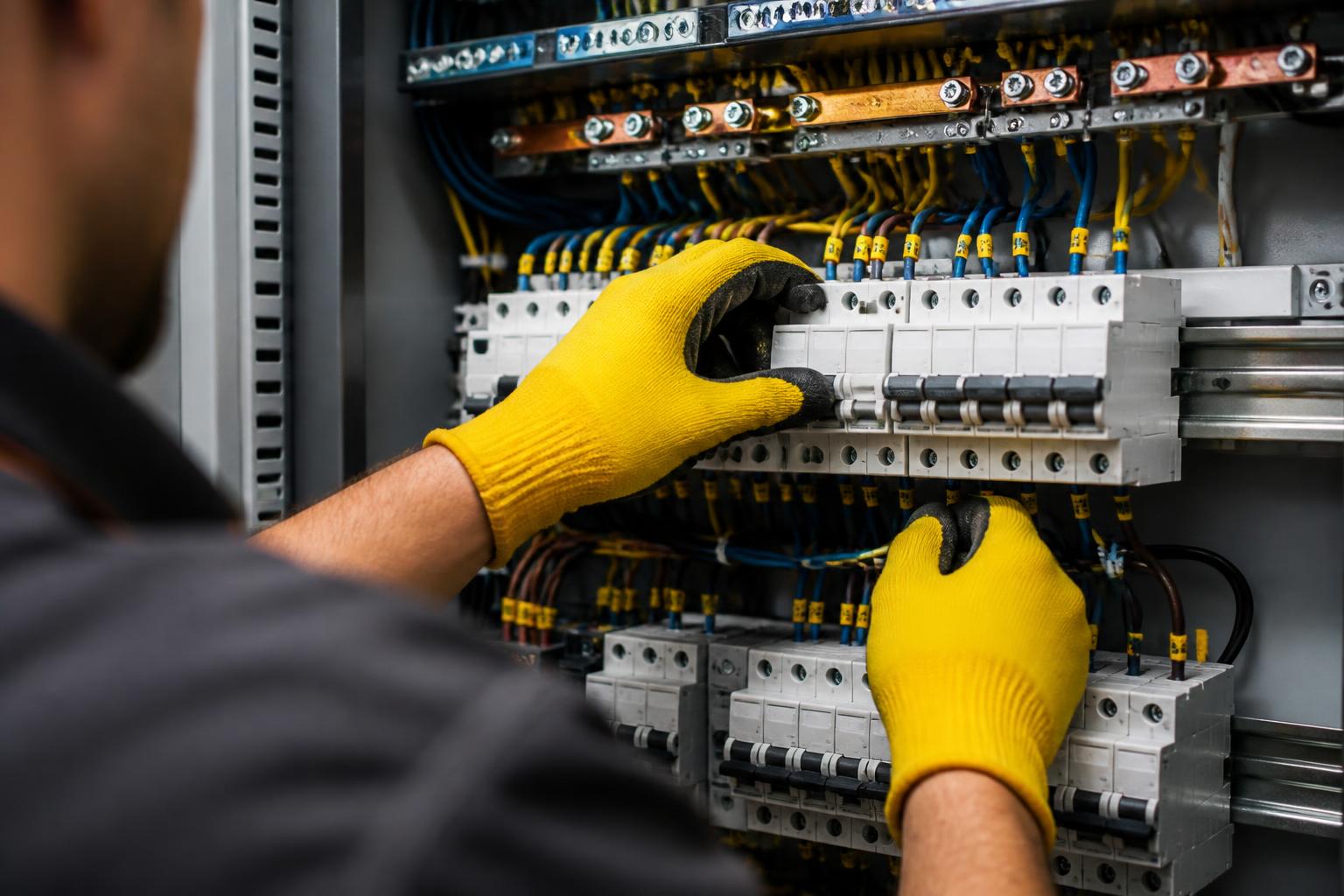 Eletricista da WEF Elétrica com luvas amarelas trabalhando em quadro elétrico